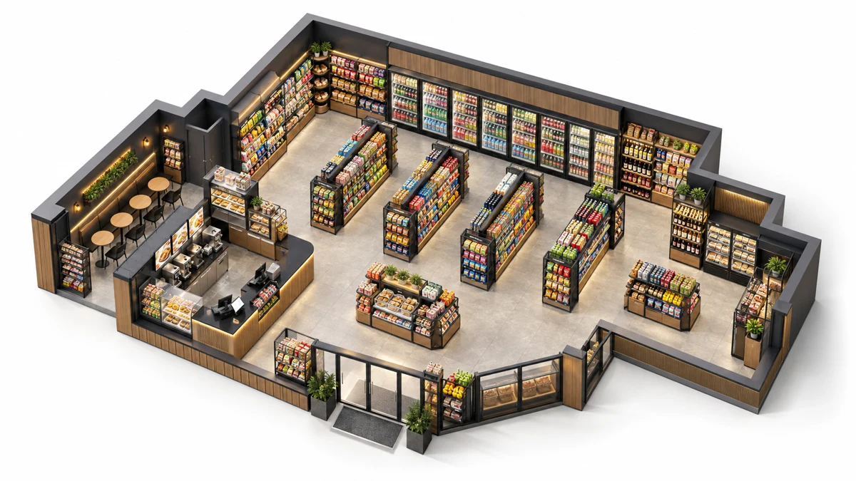 Store design concept showing coordinated wood appearance and metal fixtures