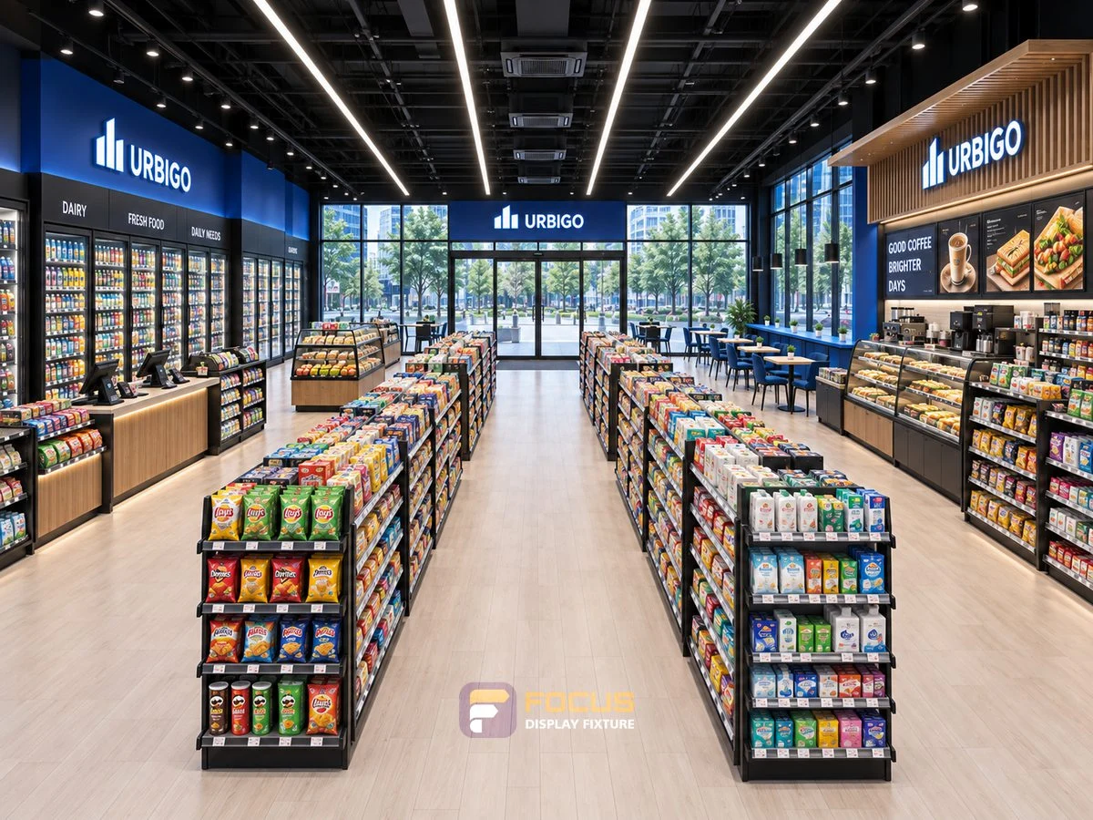 Store 04 — Urban blue convenience store, interior view 1