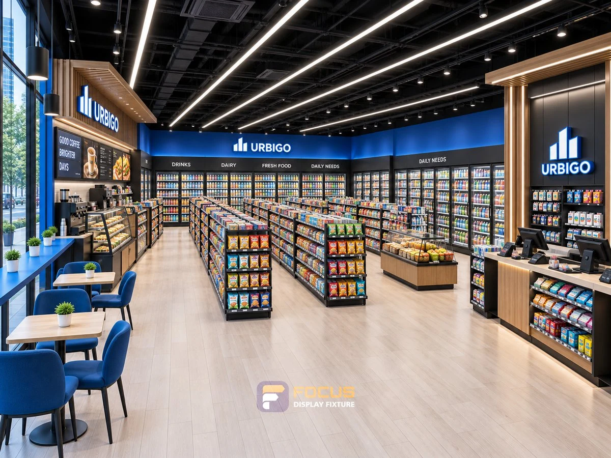 Store 04 — Urban blue convenience store, interior view 2