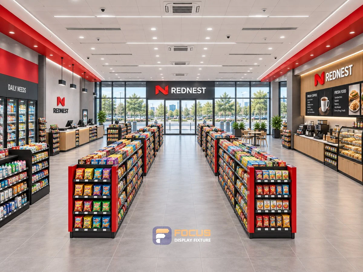 Store 06 — Signal red convenience store, interior view 1