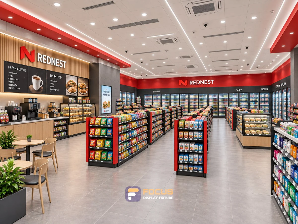 Store 06 — Signal red convenience store, interior view 4
