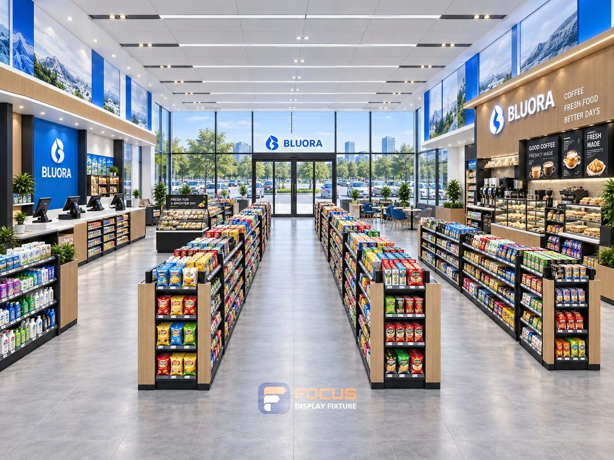 Store 07 — Clear blue convenience store, interior view 1