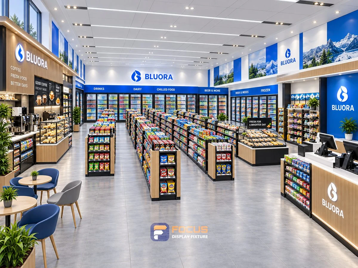 Store 07 — Clear blue convenience store, interior view 2