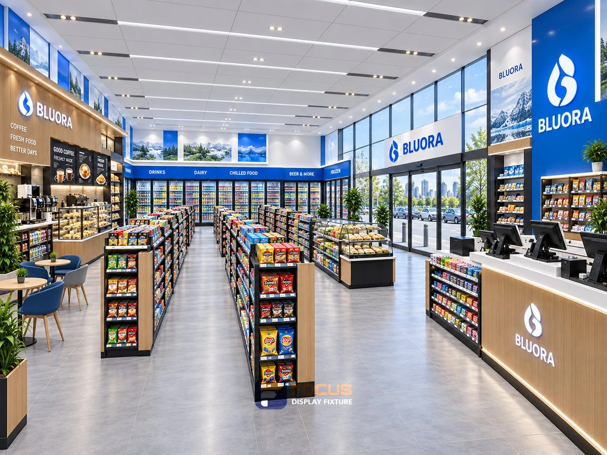 Store 07 — Clear blue convenience store, interior view 3