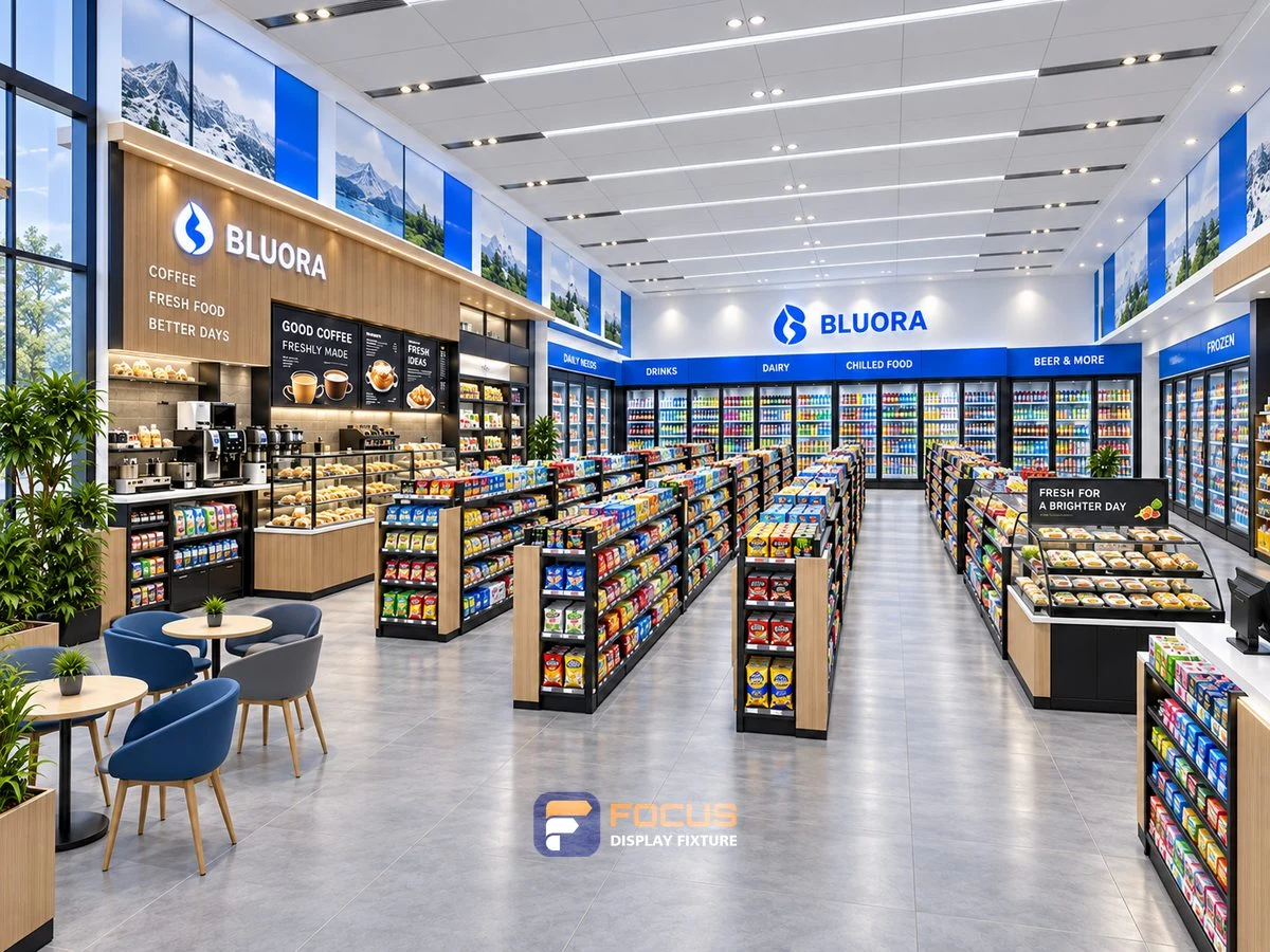 Store 07 — Clear blue convenience store, interior view 4