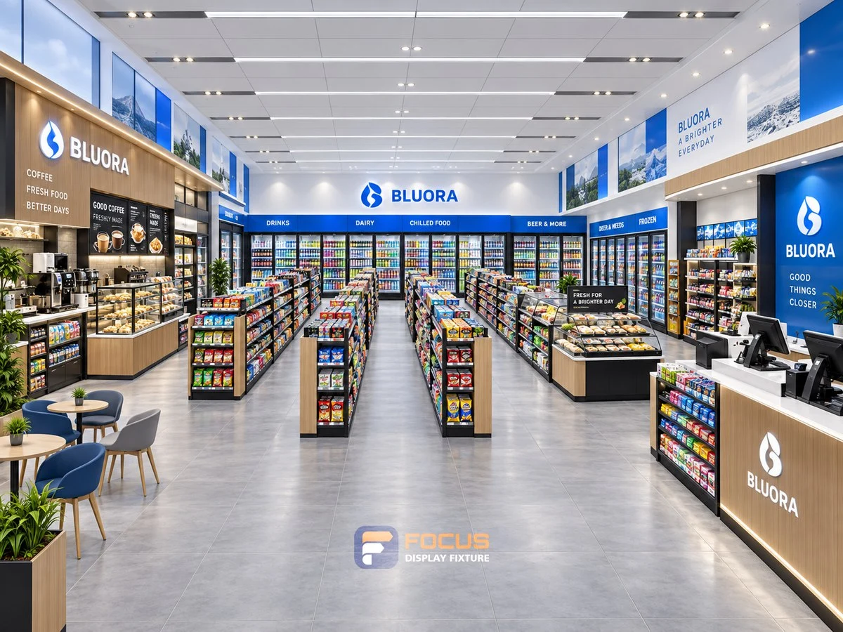 Store 07 — Clear blue convenience store, interior view 6