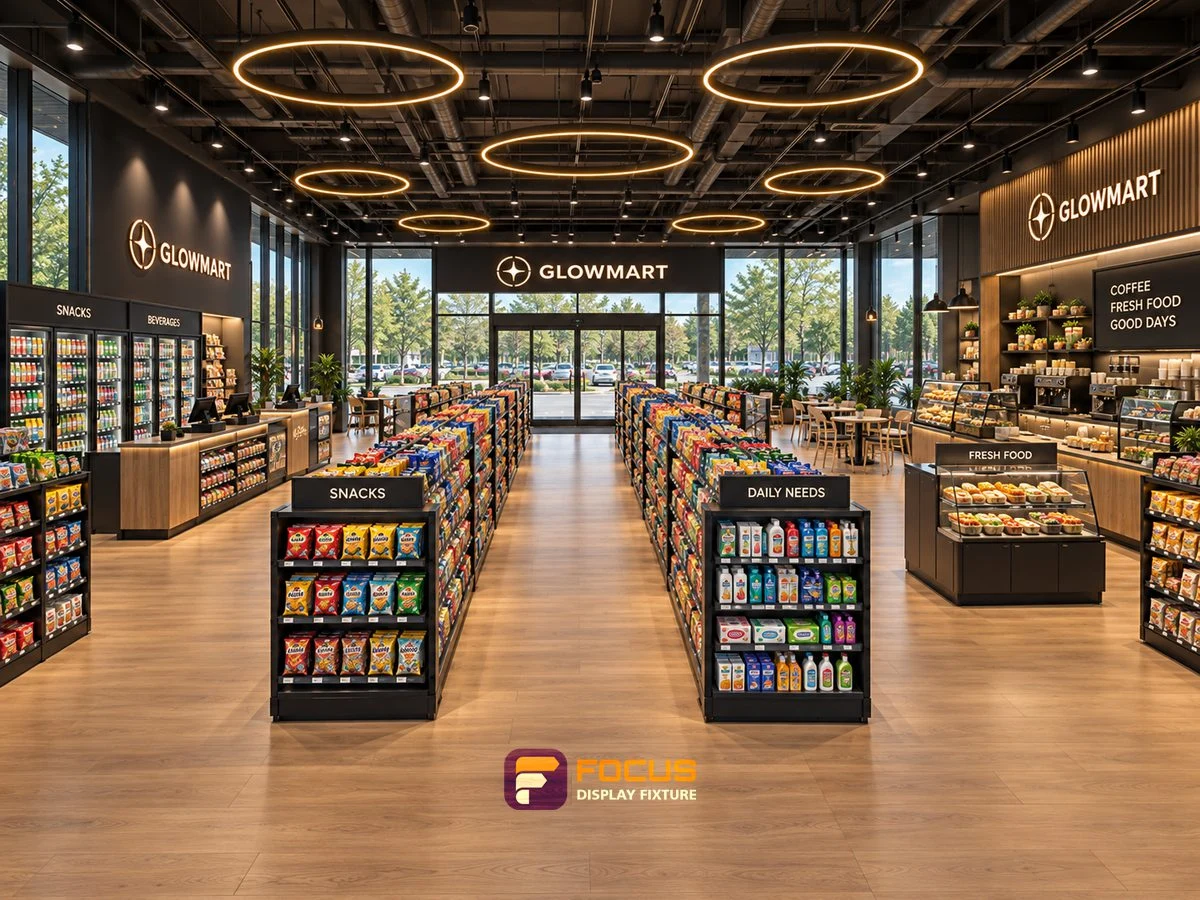 Store 08 — Warm charcoal convenience store, interior view 1