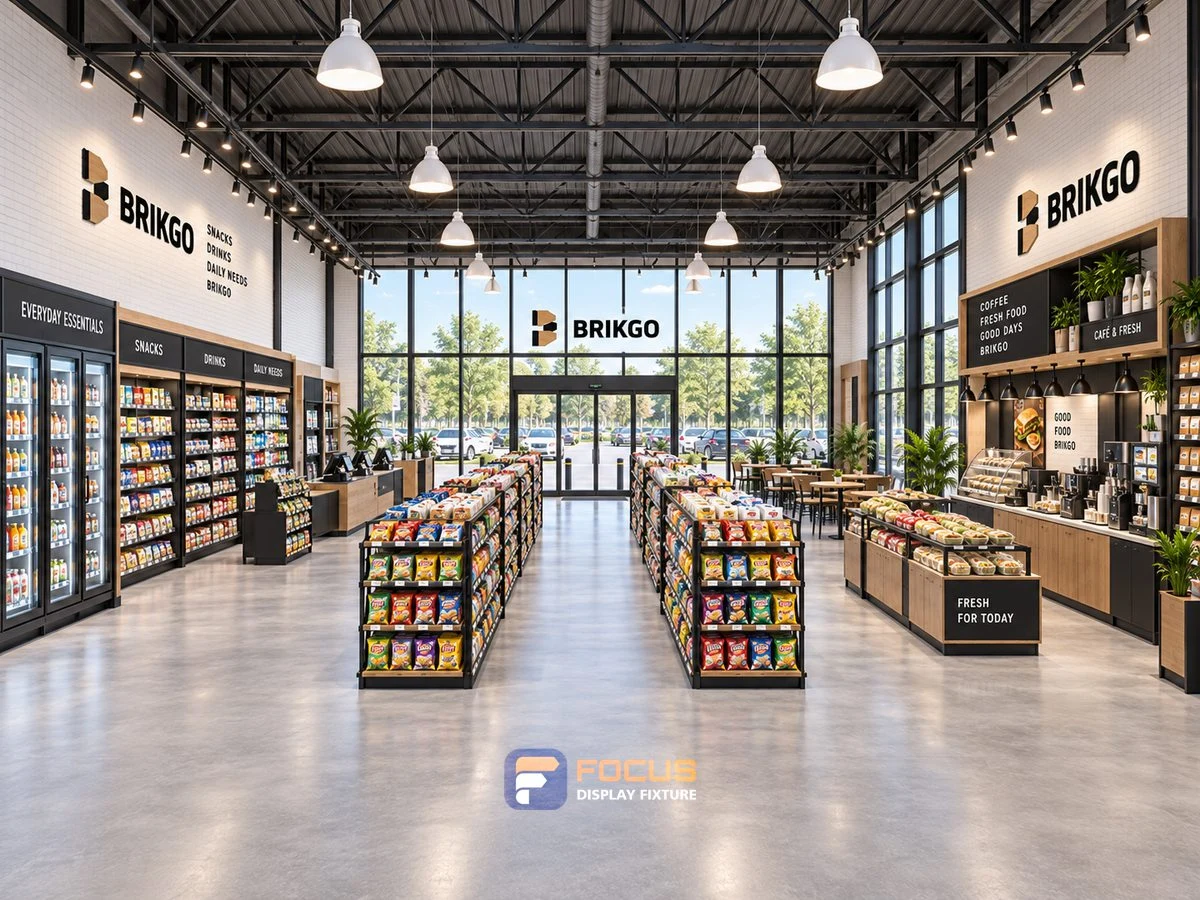 Store 09 — Industrial timber convenience store, interior view 1