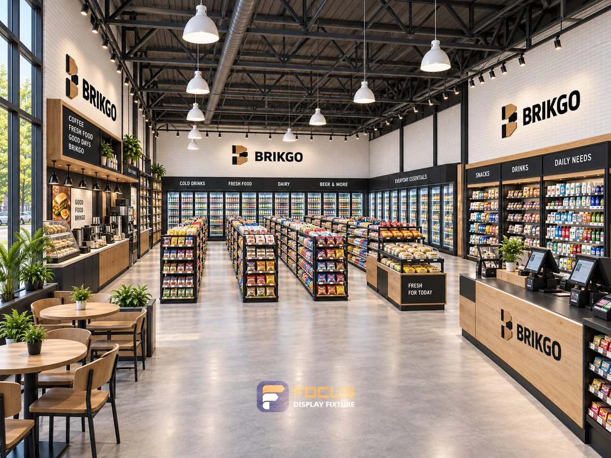 Store 09 — Industrial timber convenience store, interior view 2