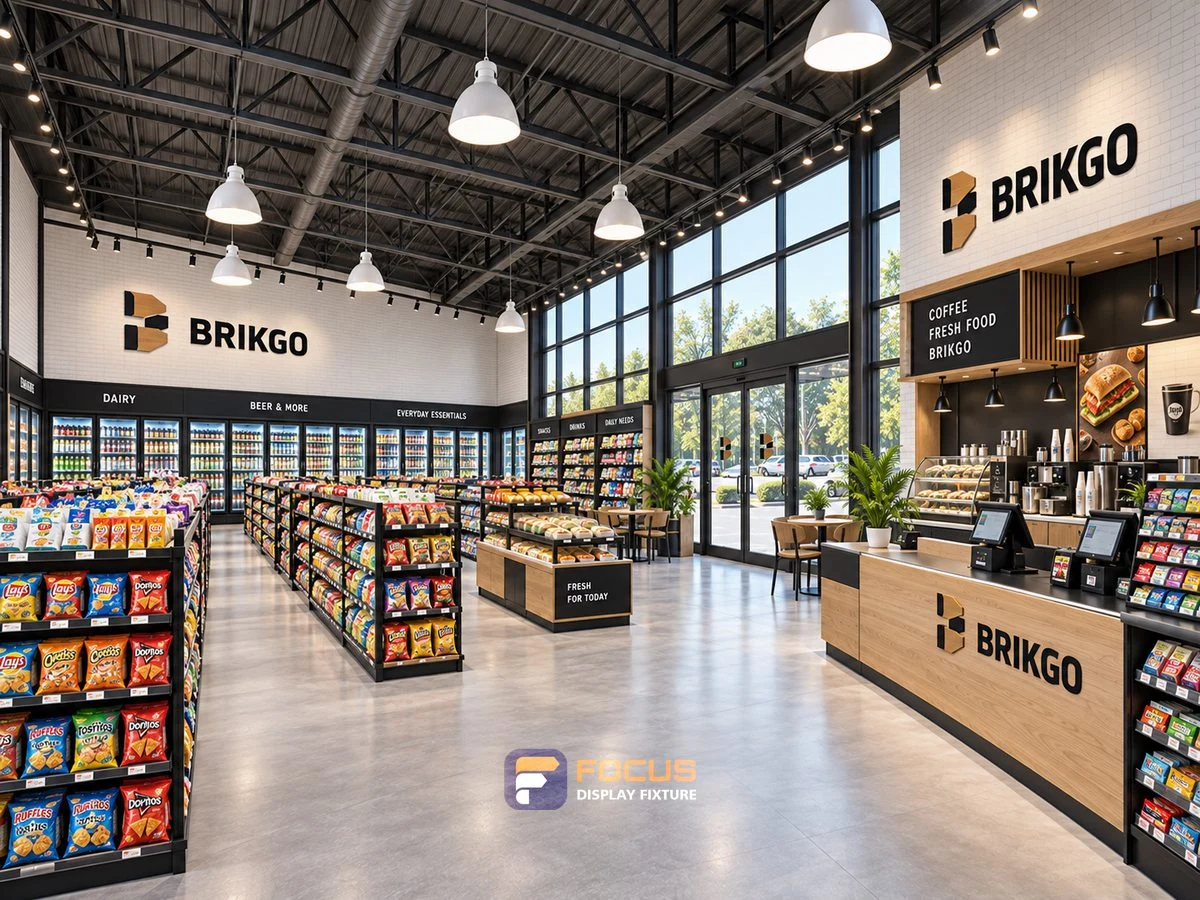 Store 09 — Industrial timber convenience store, interior view 3