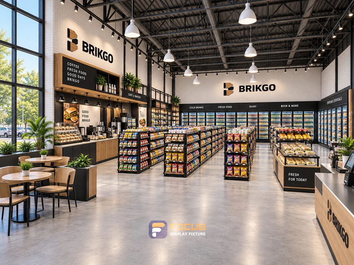 Store 09 — Industrial timber convenience store, interior view 4