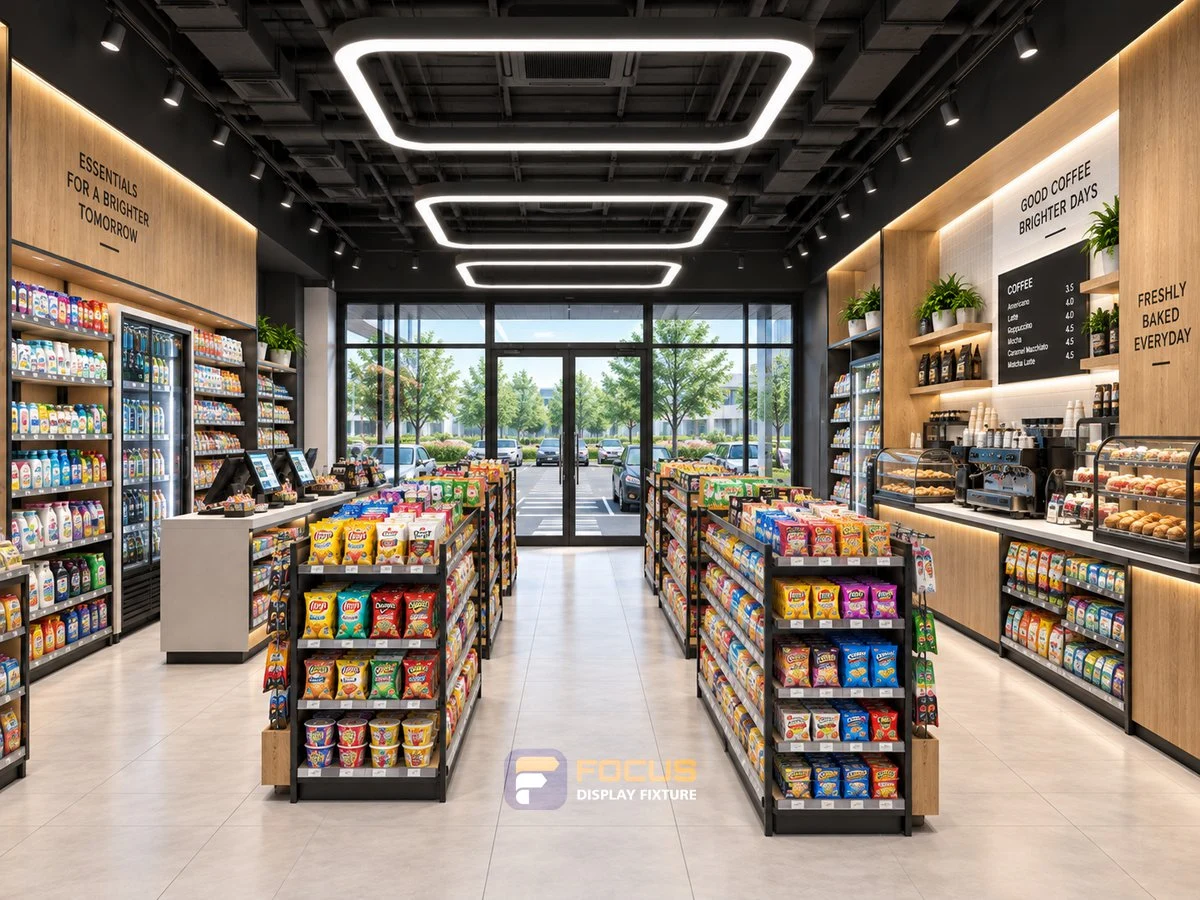 Store 14 — Minimal black convenience store, interior view 1