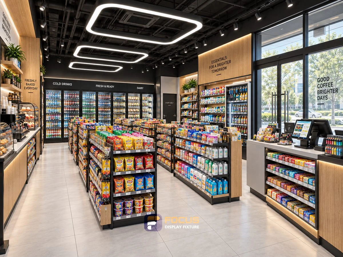 Store 14 — Minimal black convenience store, interior view 3