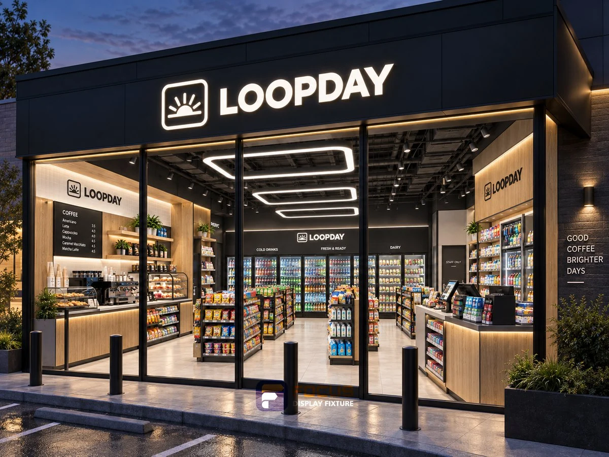 Store 14 — Minimal black convenience store, interior view 5