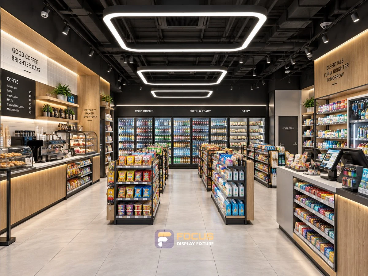 Store 14 — Minimal black convenience store, interior view 6