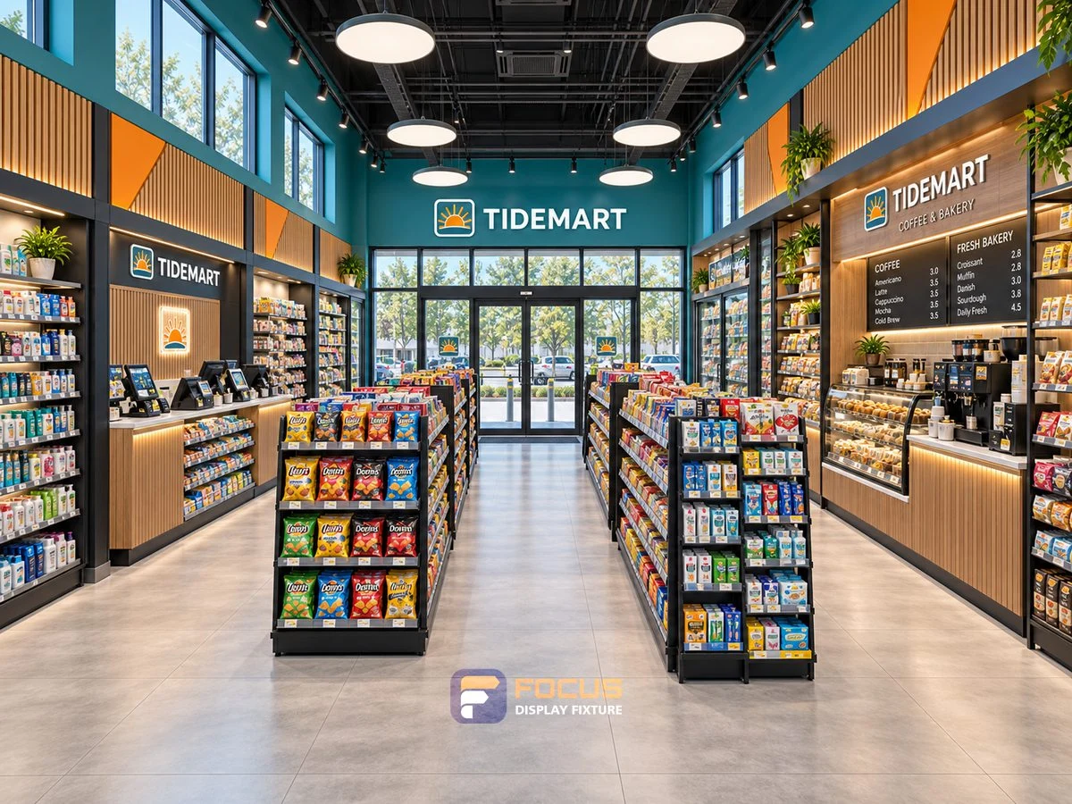Store 15 — Teal and orange convenience store, interior view 1