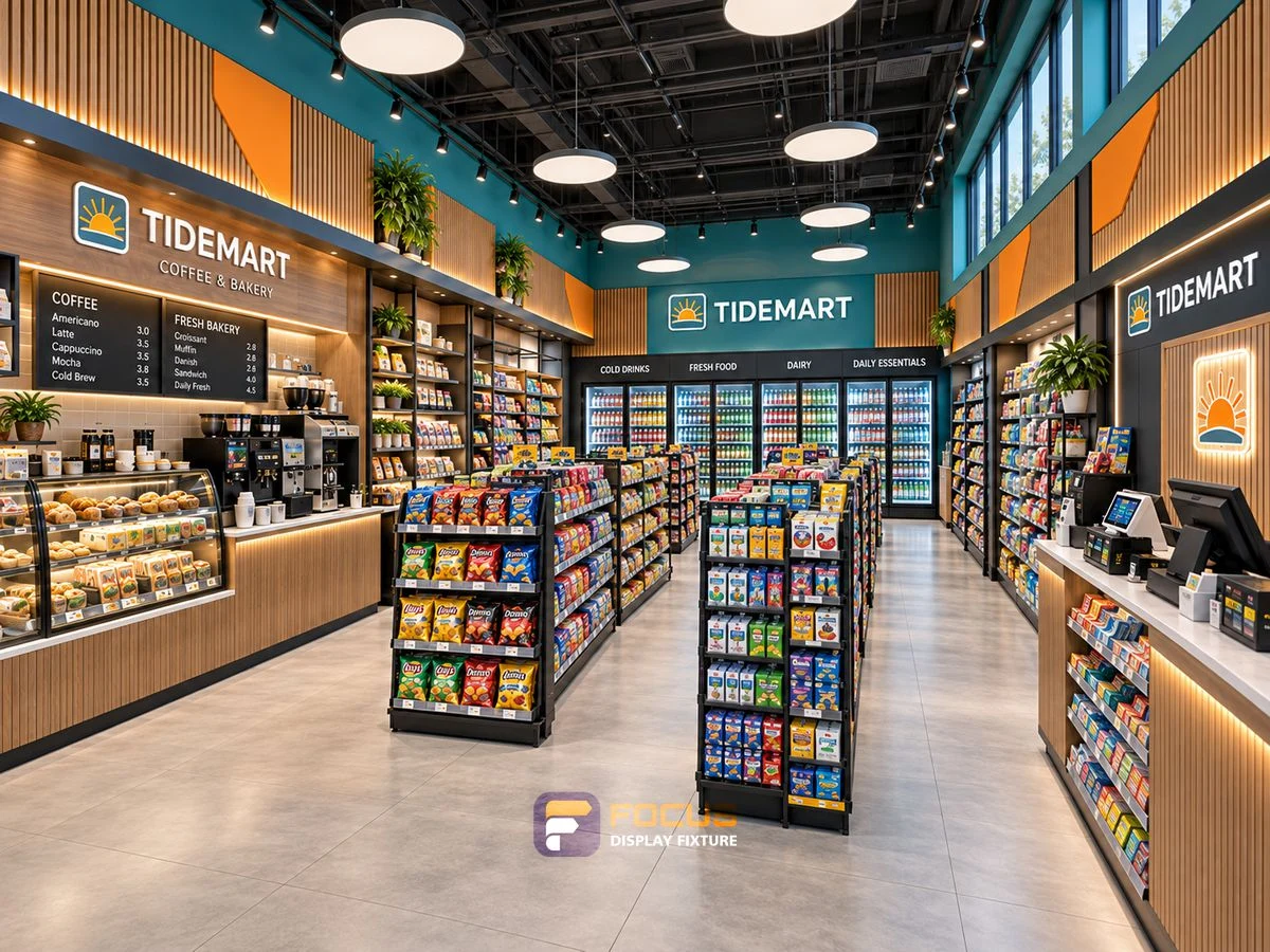 Store 15 — Teal and orange convenience store, interior view 2