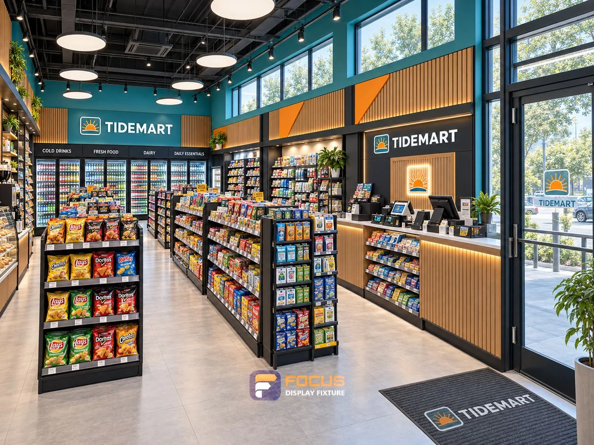 Store 15 — Teal and orange convenience store, interior view 3