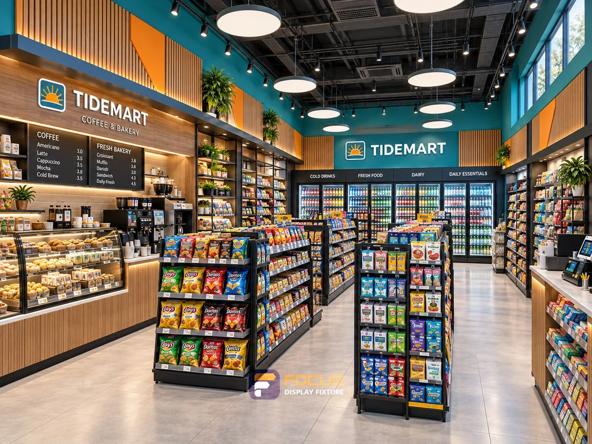 Store 15 — Teal and orange convenience store, interior view 4