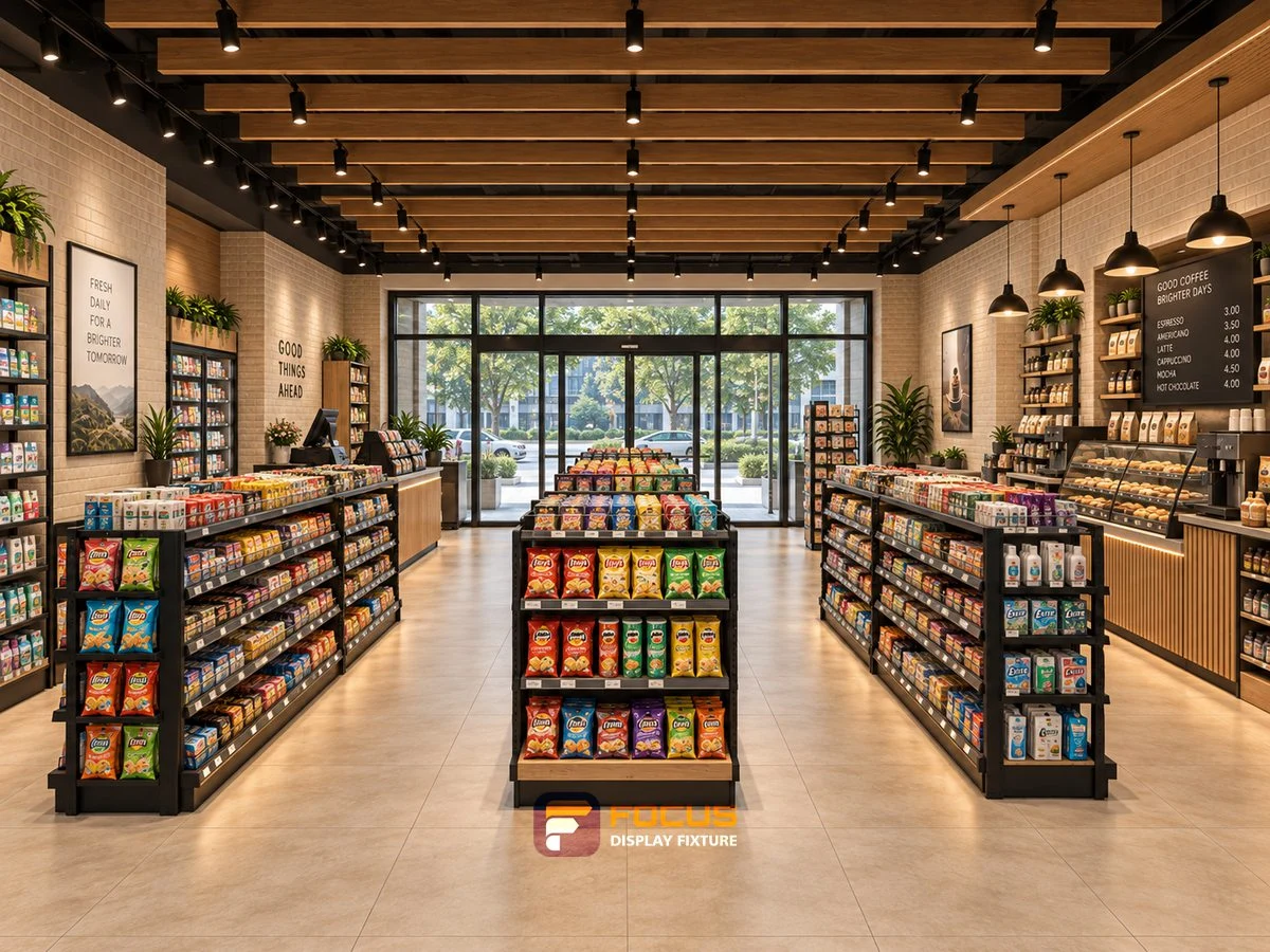 Store 16 — Warm cafe convenience store, interior view 1