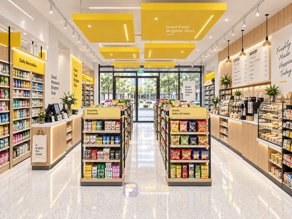 Store 17 — Bright yellow convenience store, interior view 1