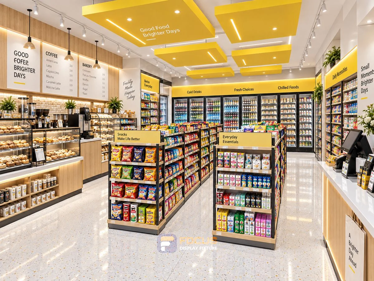 Store 17 — Bright yellow convenience store, interior view 2