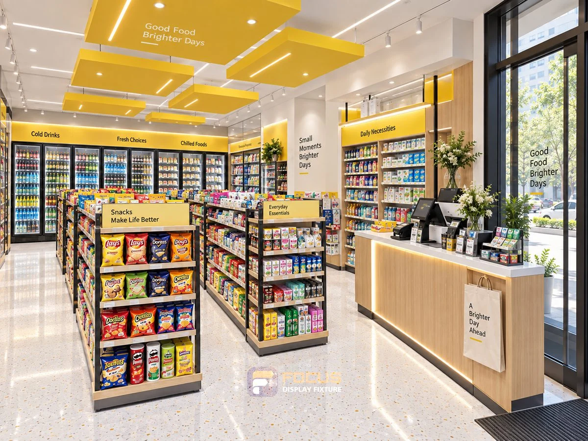 Store 17 — Bright yellow convenience store, interior view 3