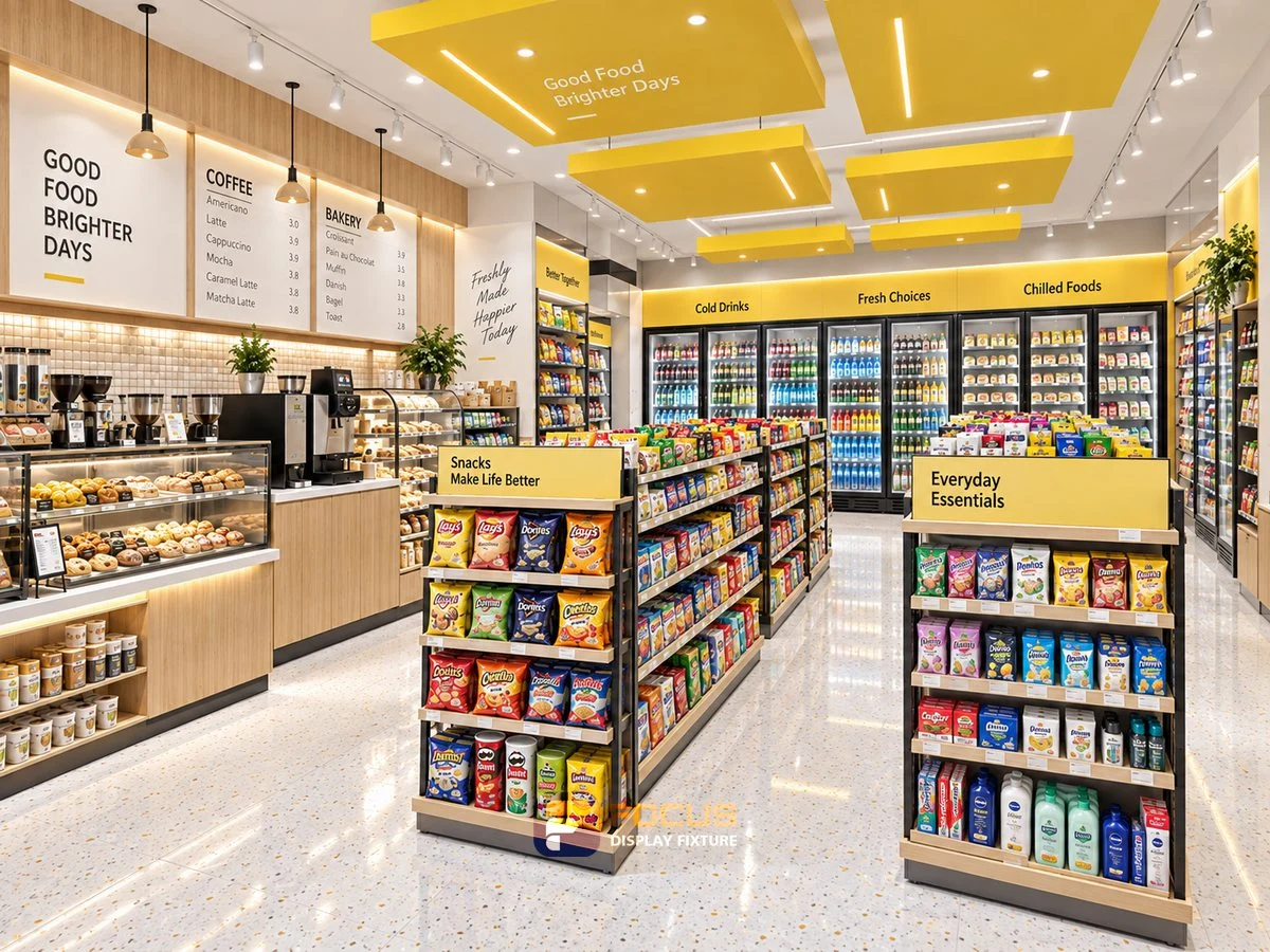 Store 17 — Bright yellow convenience store, interior view 4