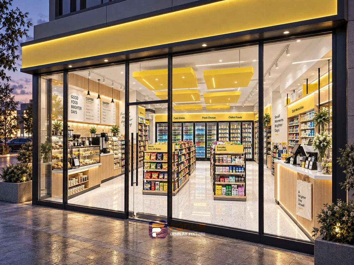 Store 17 — Bright yellow convenience store, interior view 5