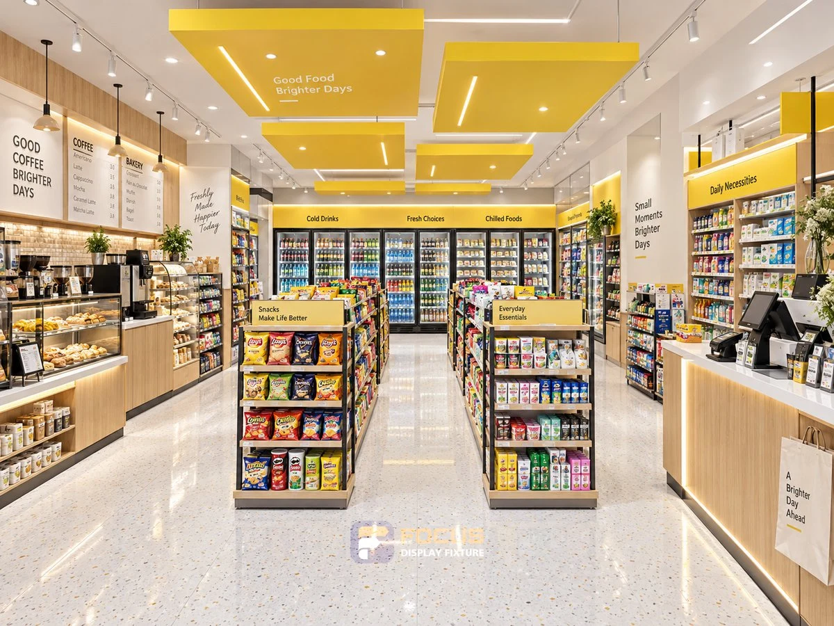 Store 17 — Bright yellow convenience store, interior view 6
