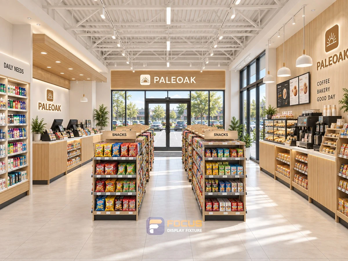 Store 18 — Pale oak convenience store, interior view 1