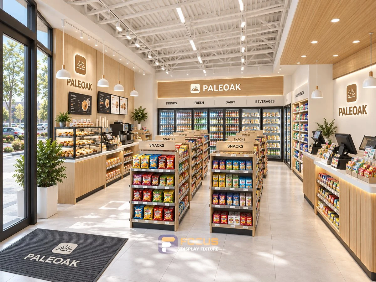 Store 18 — Pale oak convenience store, interior view 2