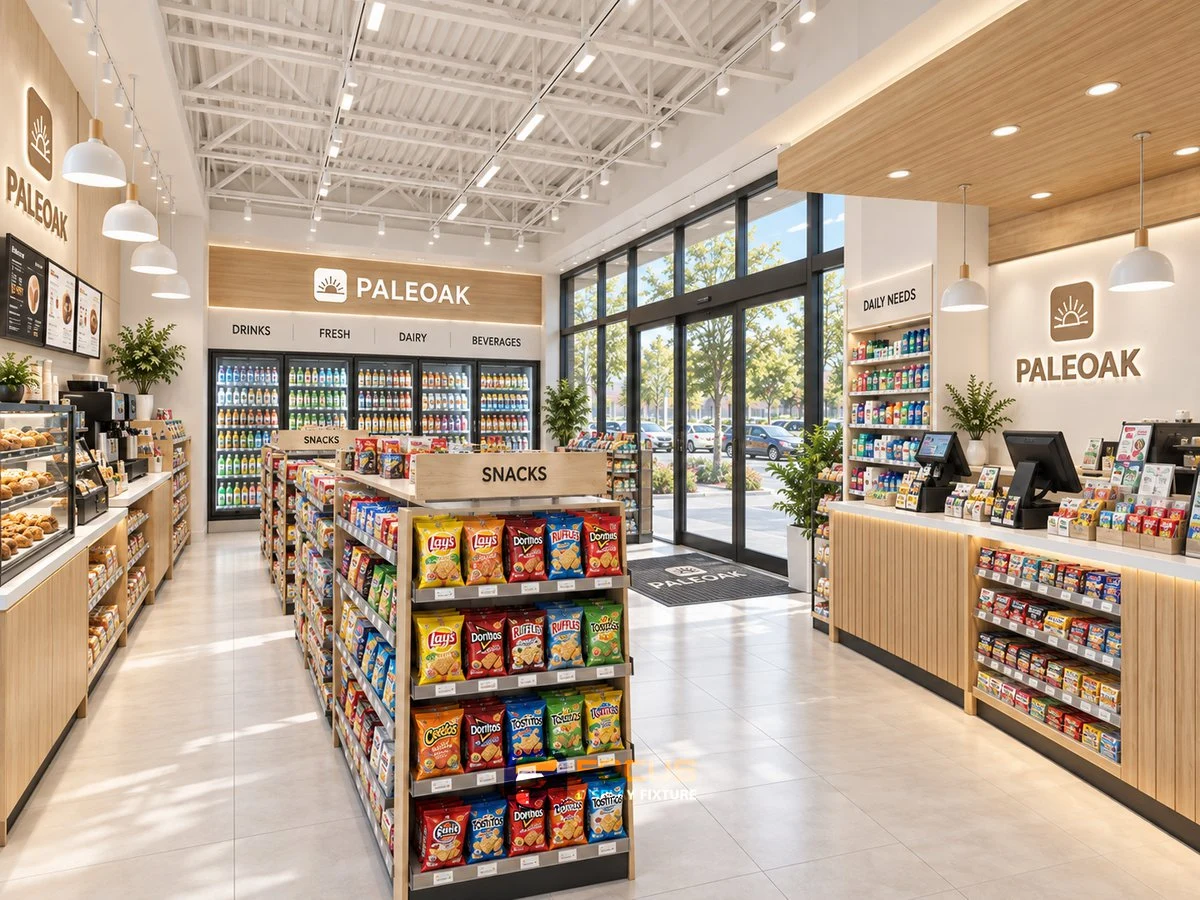 Store 18 — Pale oak convenience store, interior view 3