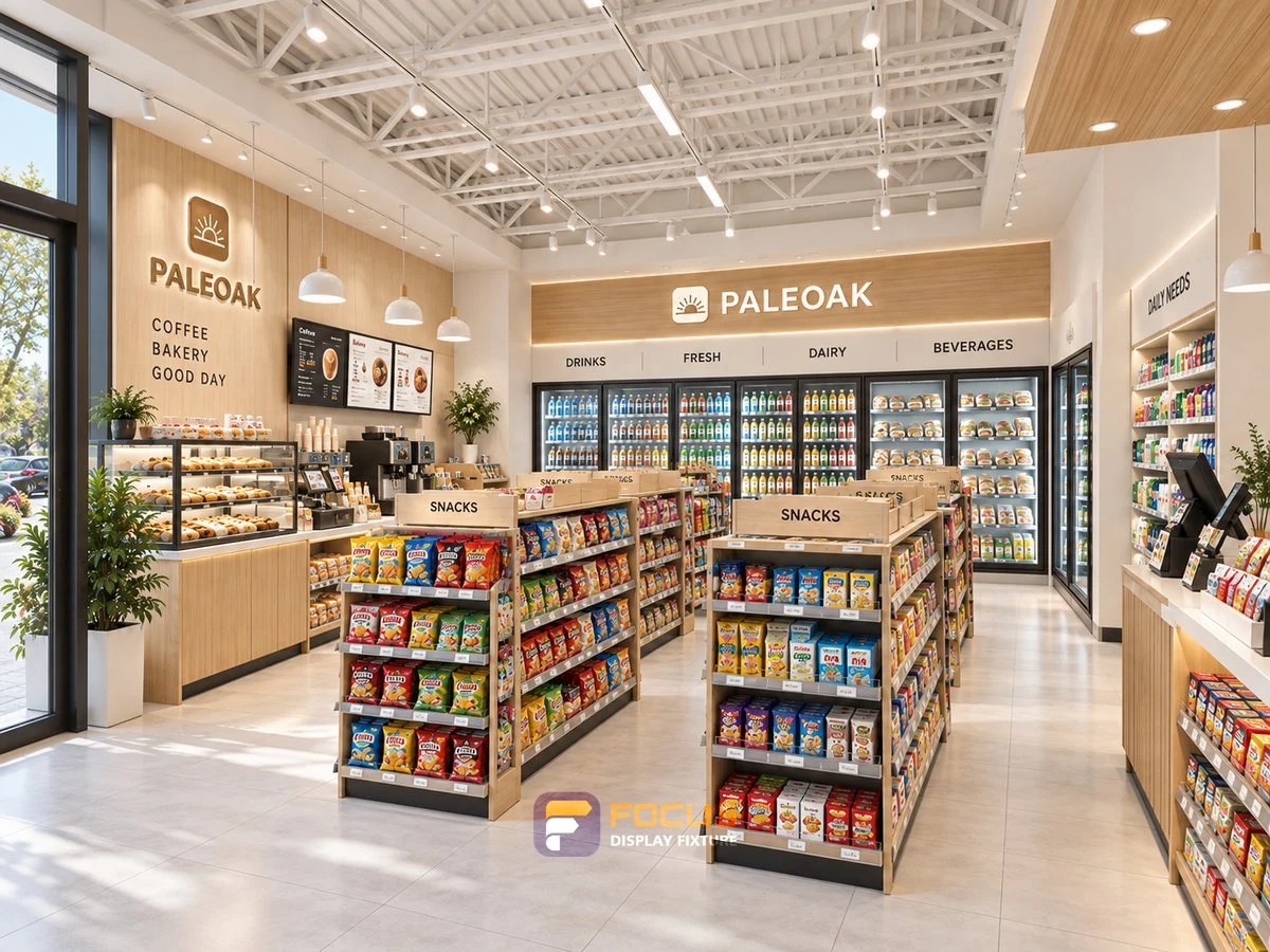 Store 18 — Pale oak convenience store, interior view 4
