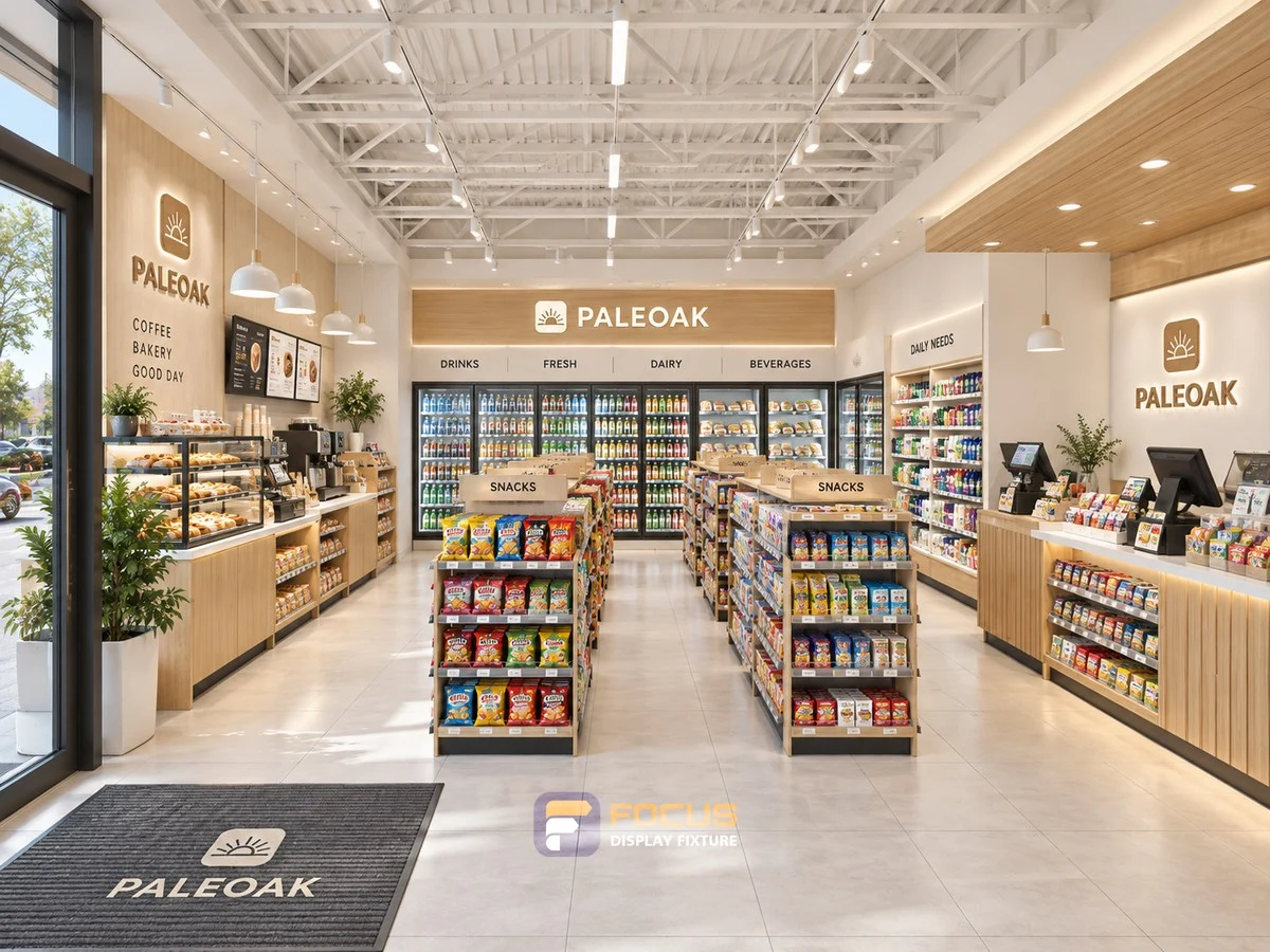 Store 18 — Pale oak convenience store, interior view 6