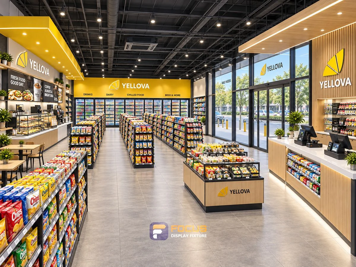 Store 19 — Yellow and charcoal convenience store, interior view 1