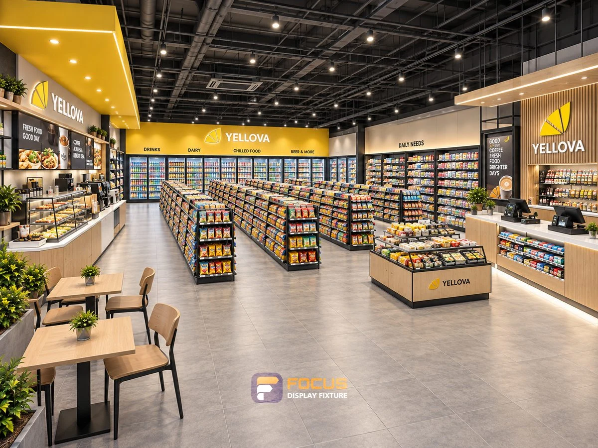 Store 19 — Yellow and charcoal convenience store, interior view 2
