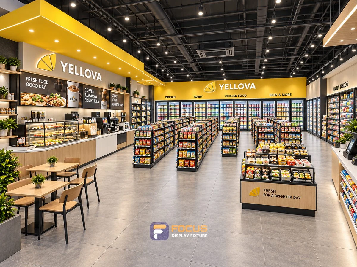 Store 19 — Yellow and charcoal convenience store, interior view 3