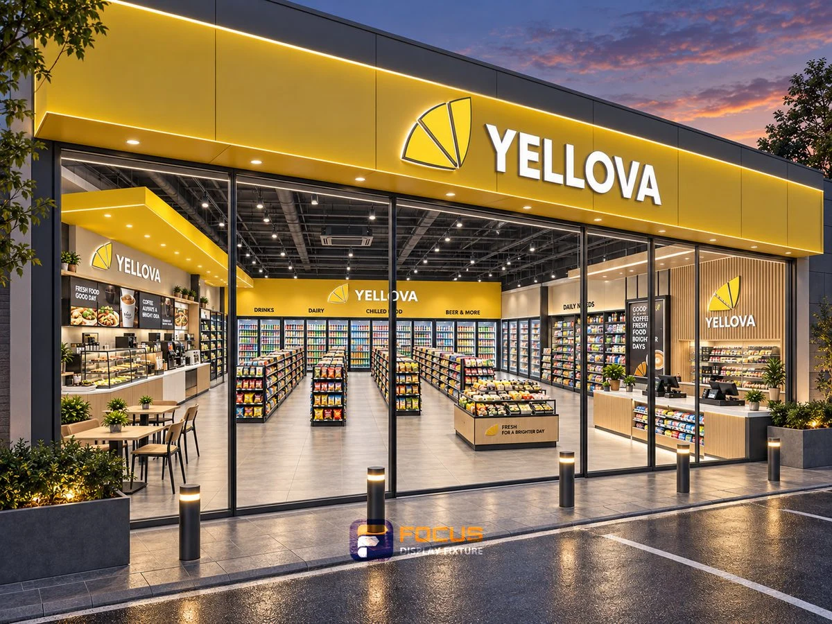 Store 19 — Yellow and charcoal convenience store, interior view 4