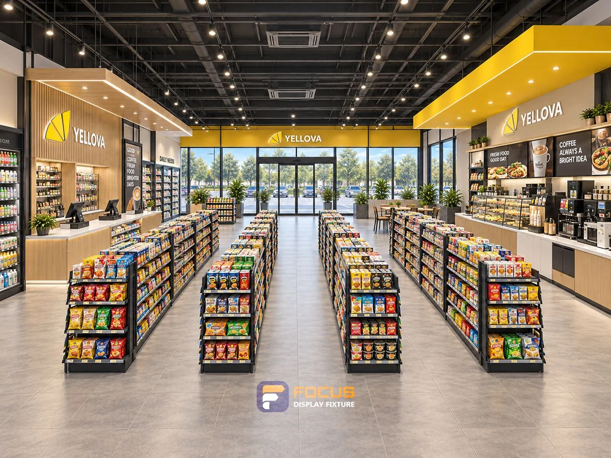 Store 19 — Yellow and charcoal convenience store, interior view 6