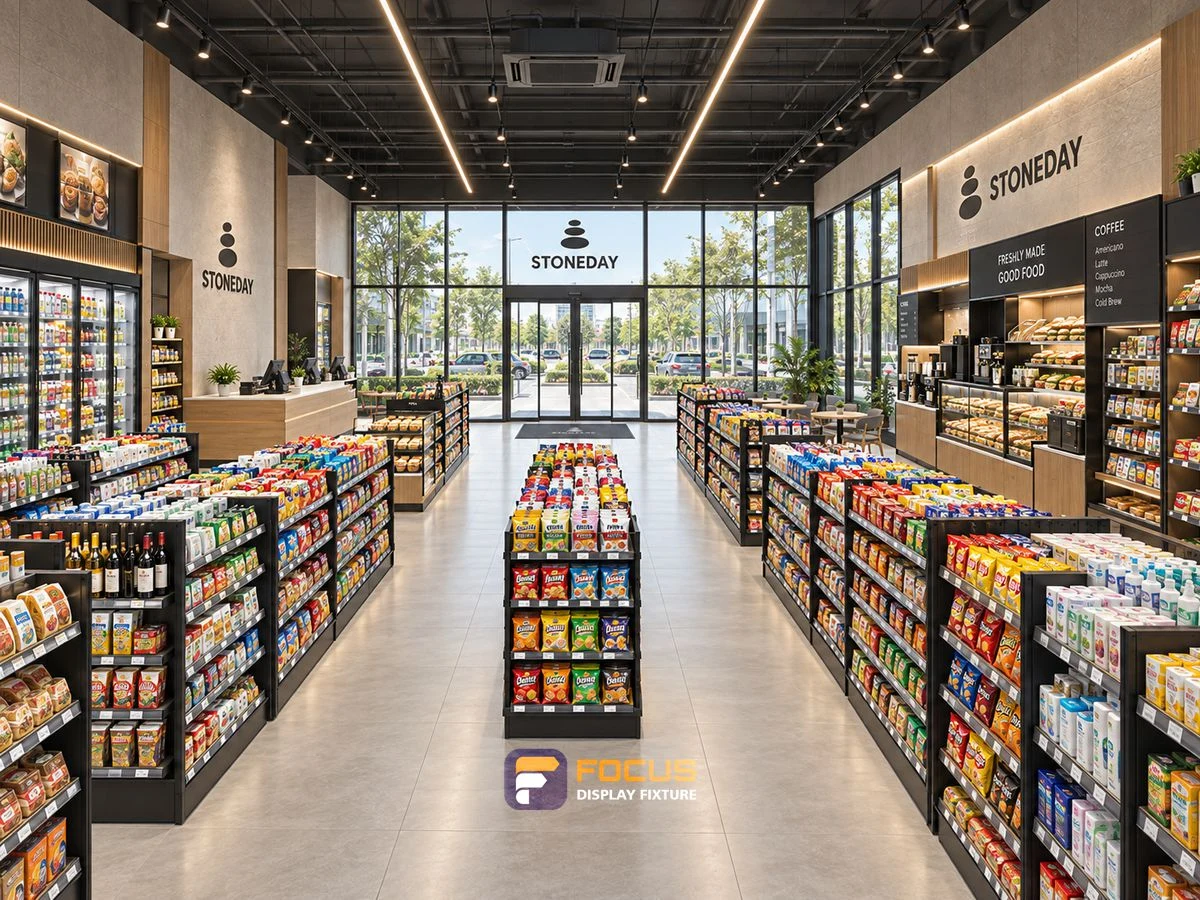 Store 21 — Stone neutral convenience store, interior view 1