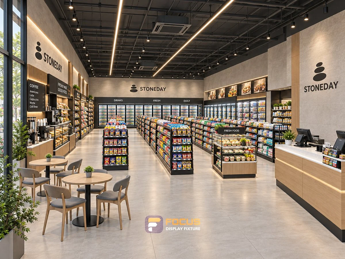 Store 21 — Stone neutral convenience store, interior view 2