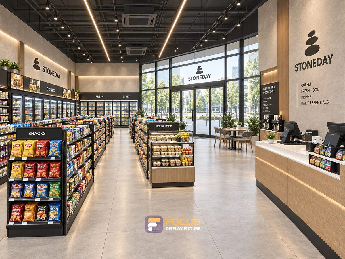 Store 21 — Stone neutral convenience store, interior view 3