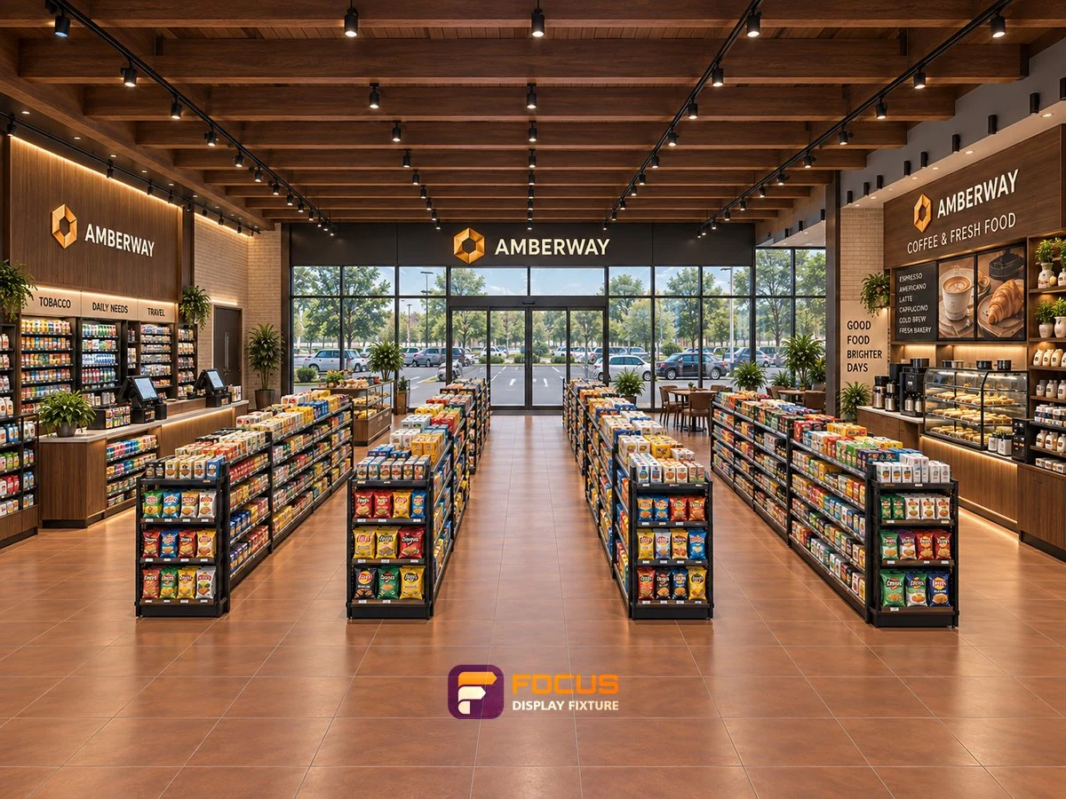 Store 26 — Amber wood convenience store, interior view 1