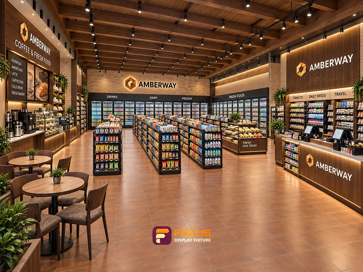 Store 26 — Amber wood convenience store, interior view 2