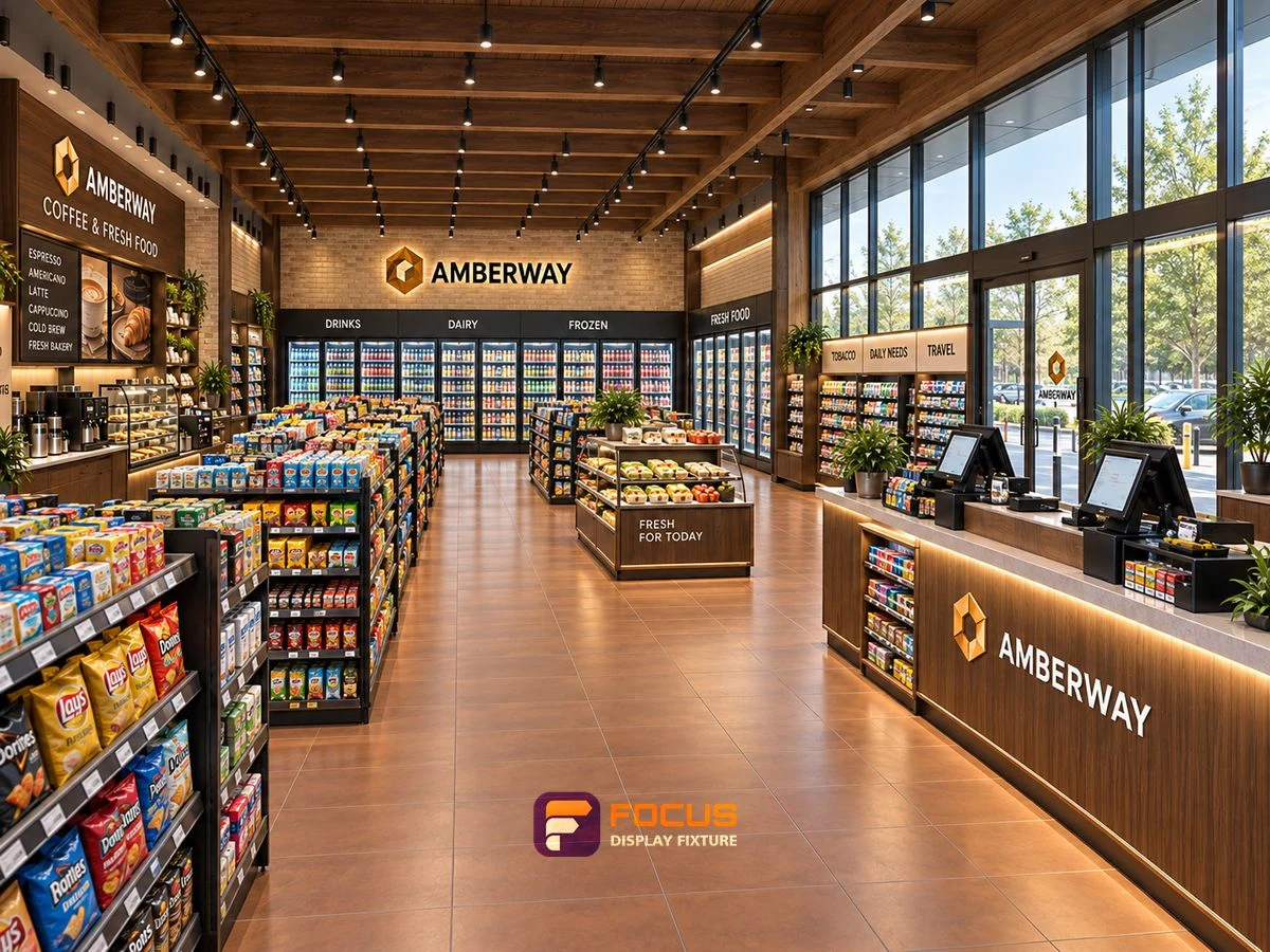 Store 26 — Amber wood convenience store, interior view 3