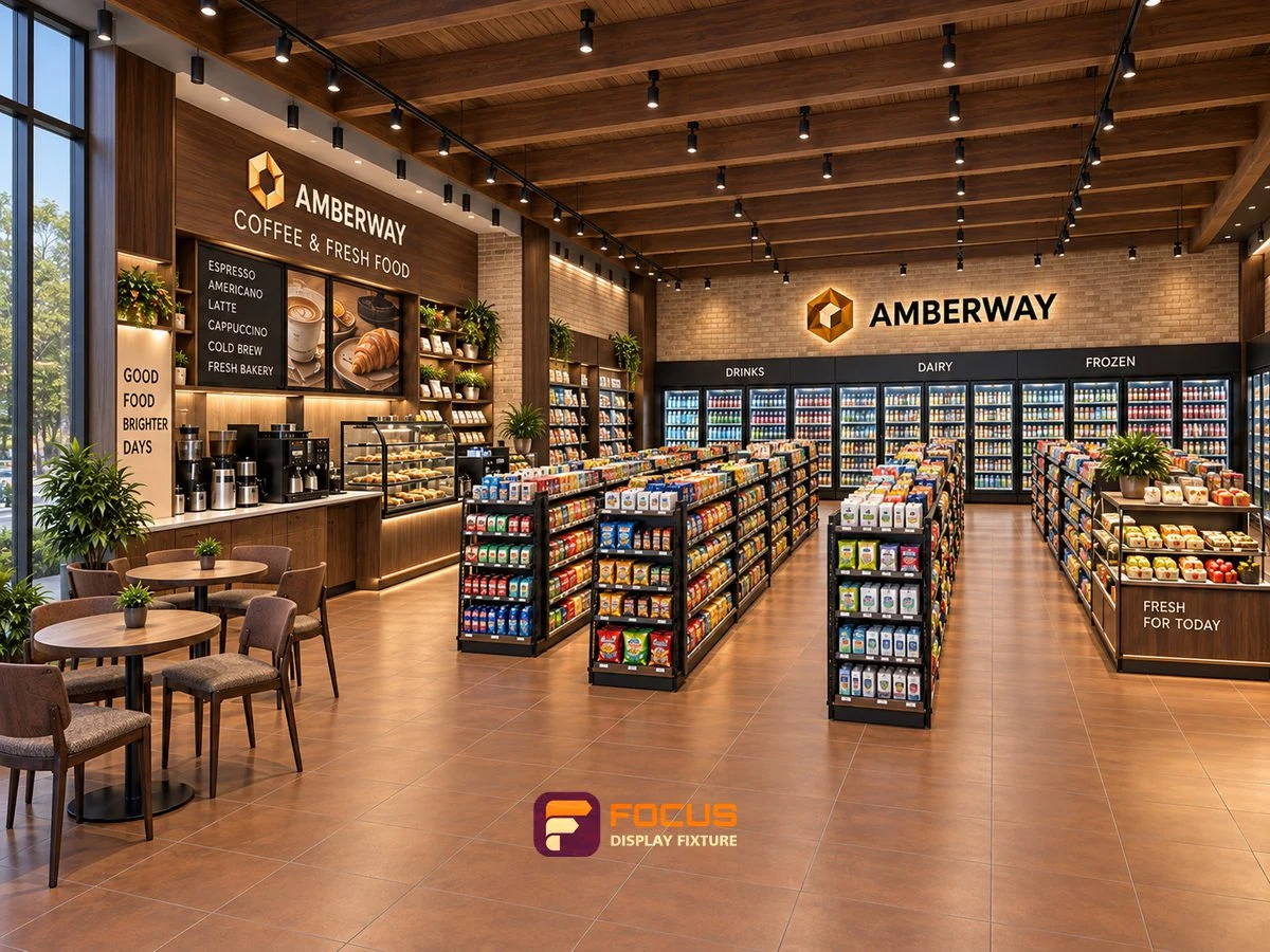 Store 26 — Amber wood convenience store, interior view 4