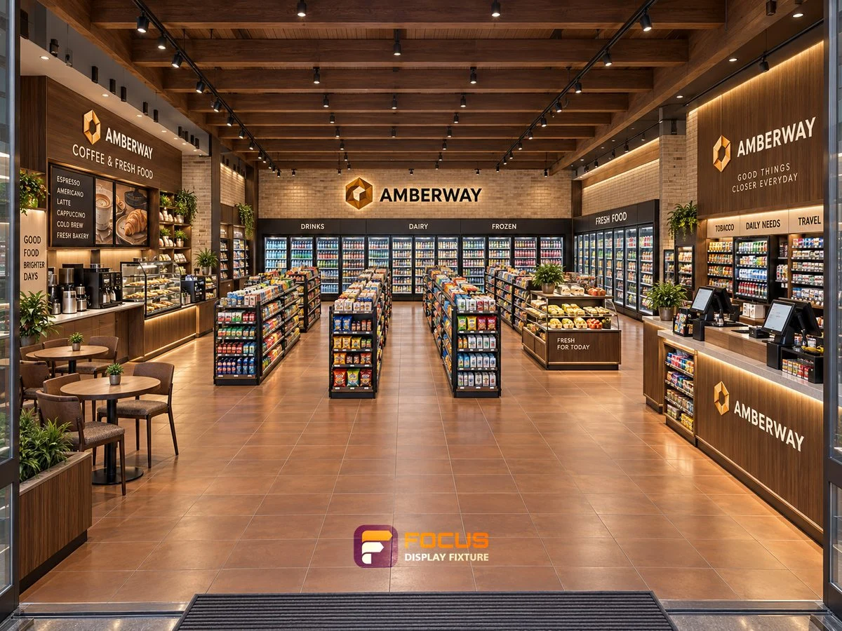 Store 26 — Amber wood convenience store, interior view 6