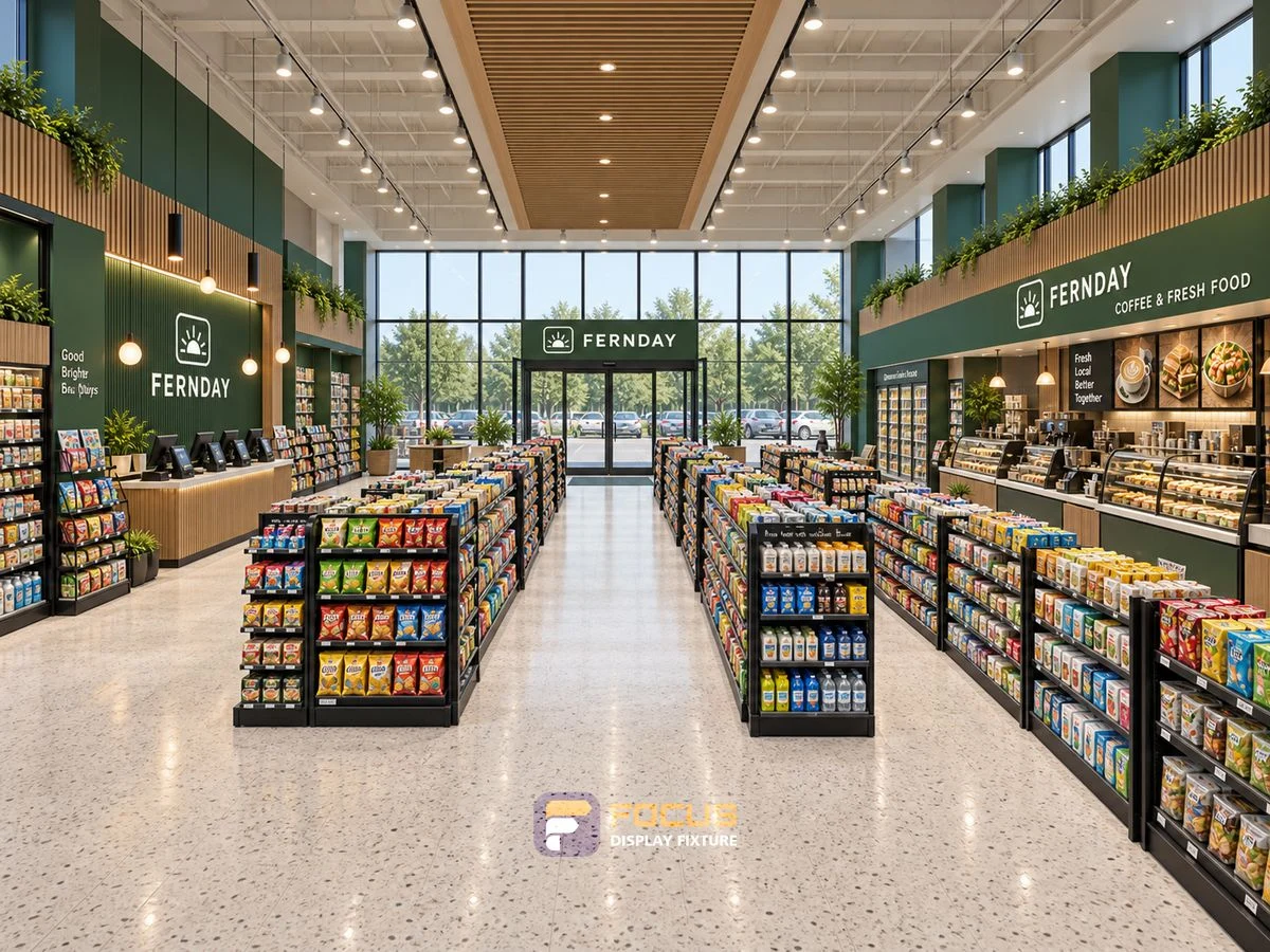 Store 27 — Forest green convenience store, interior view 1