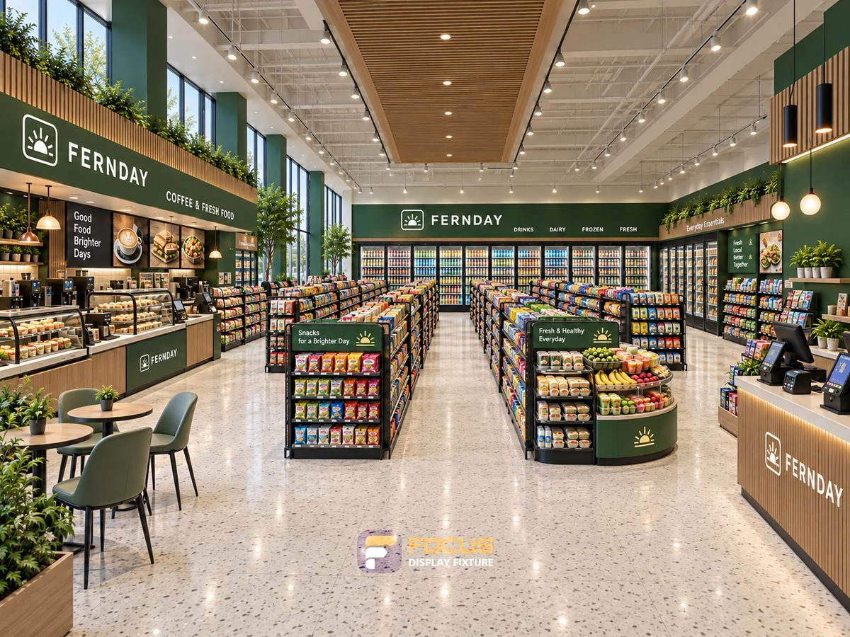 Store 27 — Forest green convenience store, interior view 2